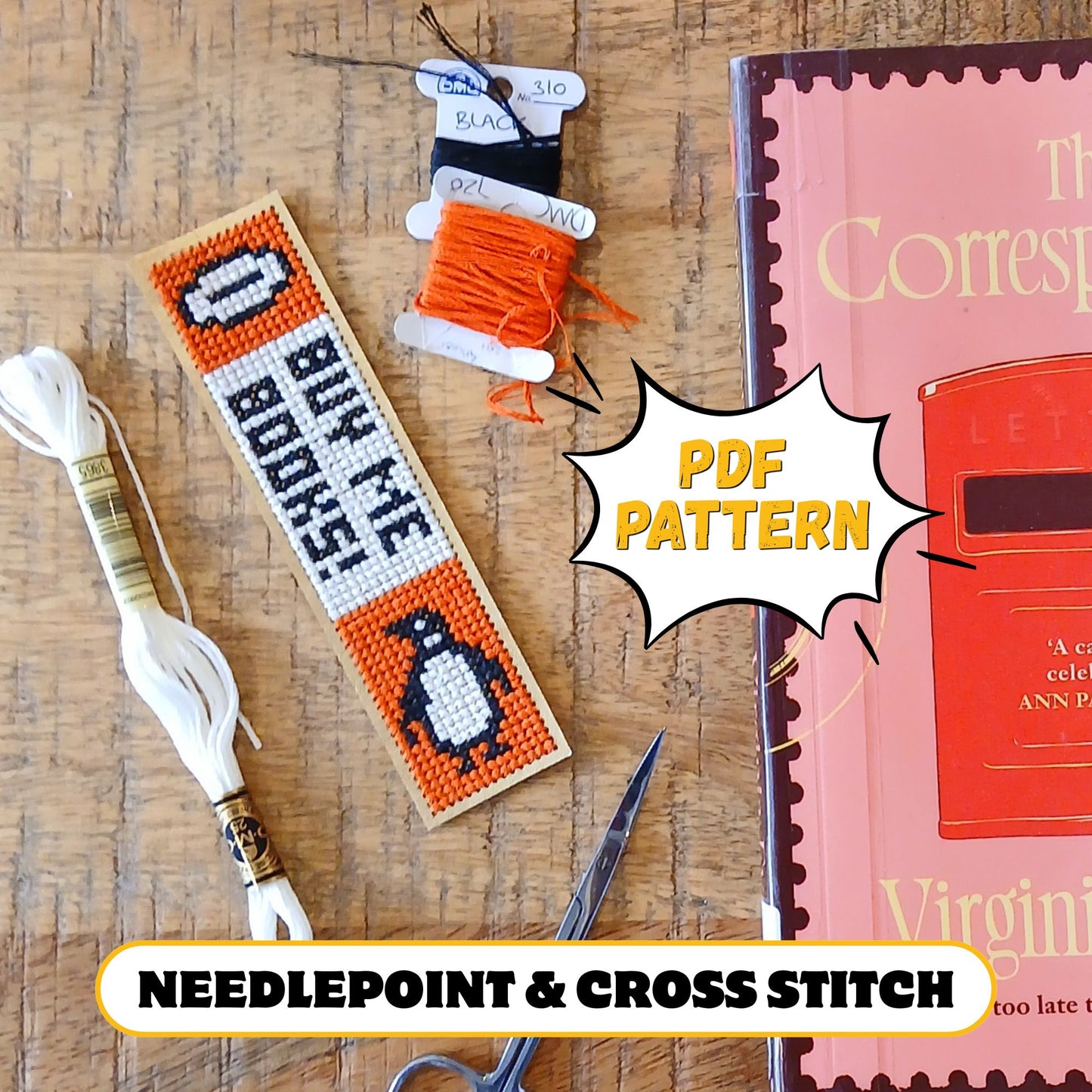 Penguin book cover bookmark cross stitch + needlepoint pattern. Digital pdf.