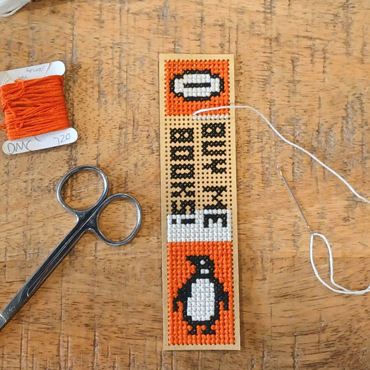 Penguin book cover bookmark cross stitch + needlepoint pattern. Digital pdf.