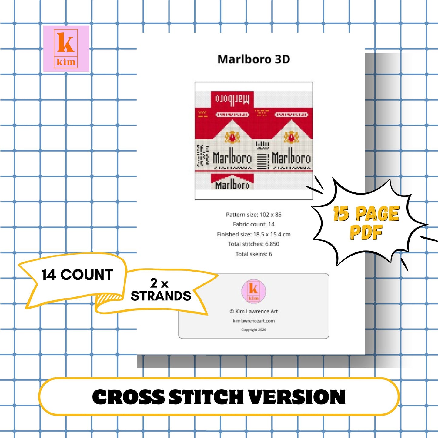 Marlboro cigarettes packet. 3D needlepoint and cross stitch digital pdf pattern. Perfect for a bag charm.