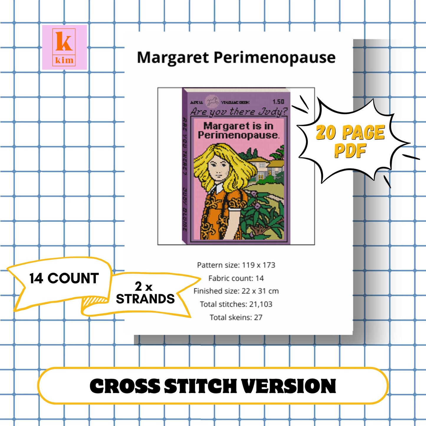 Margaret is in perimenopause needlepoint and cross stitch digital pdf pattern.