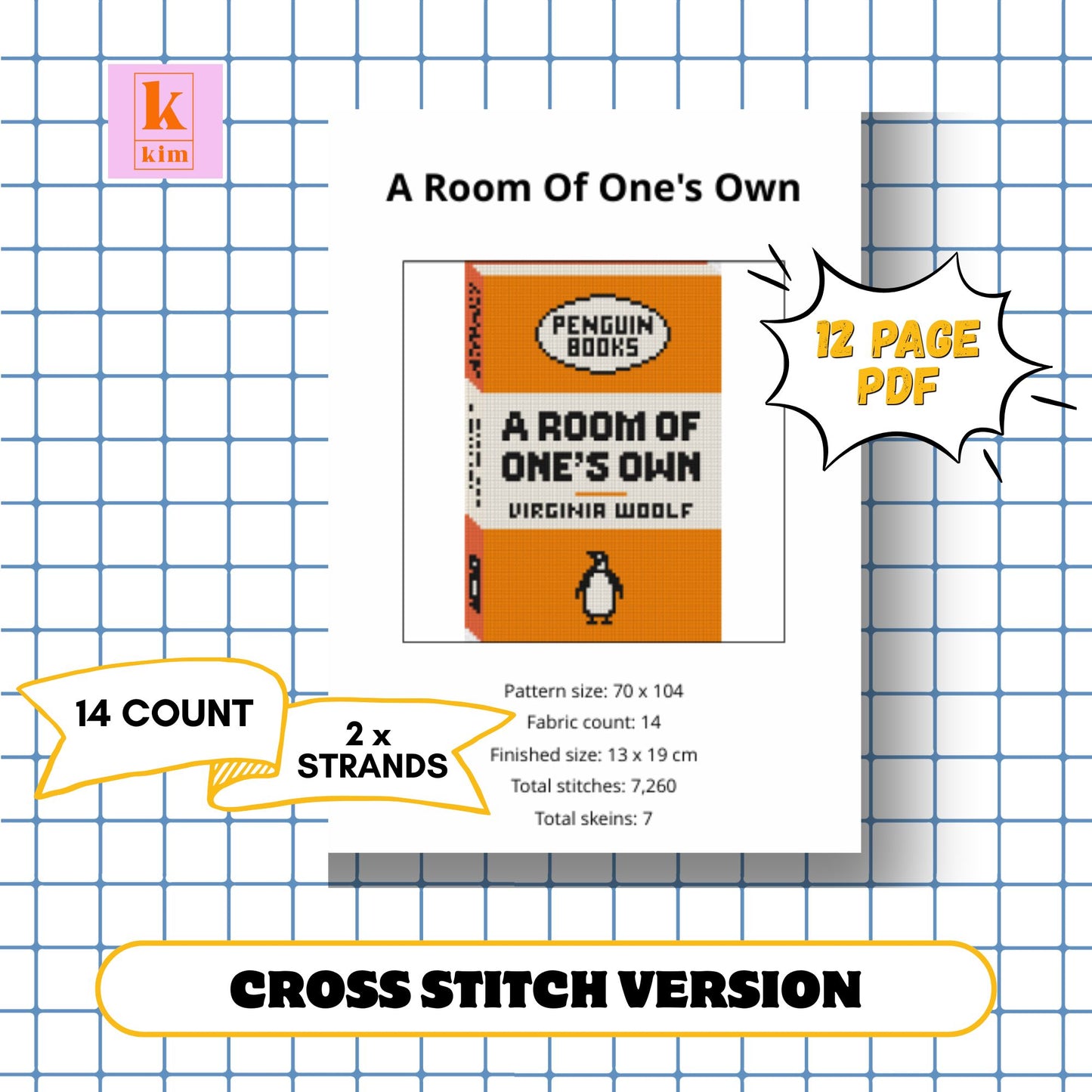 Penguin book cover A Room of One's Own, needlepoint and cross stitch digital pdf pattern.