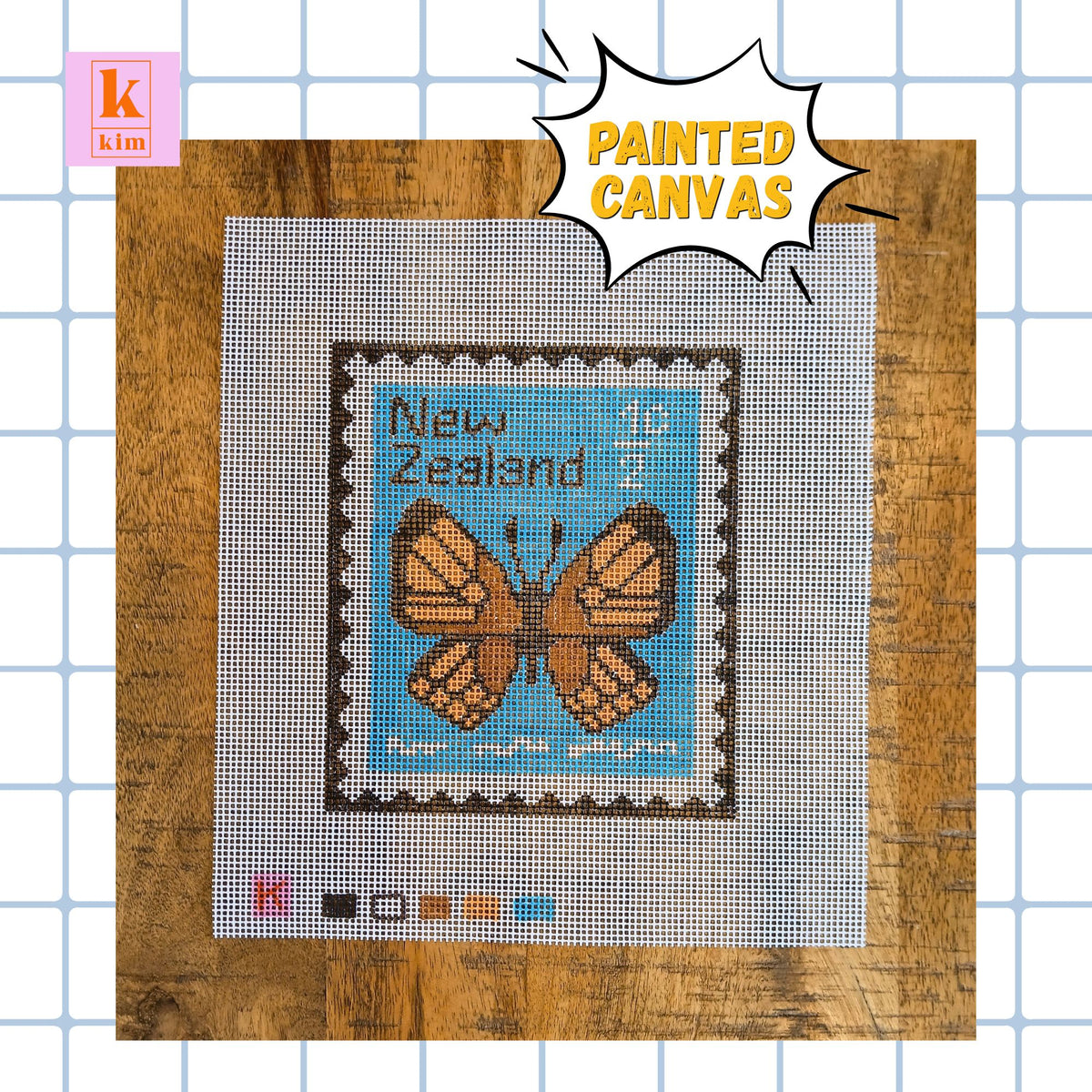 Butterfly hand painted Zweigart interlock needlepoint canvas.