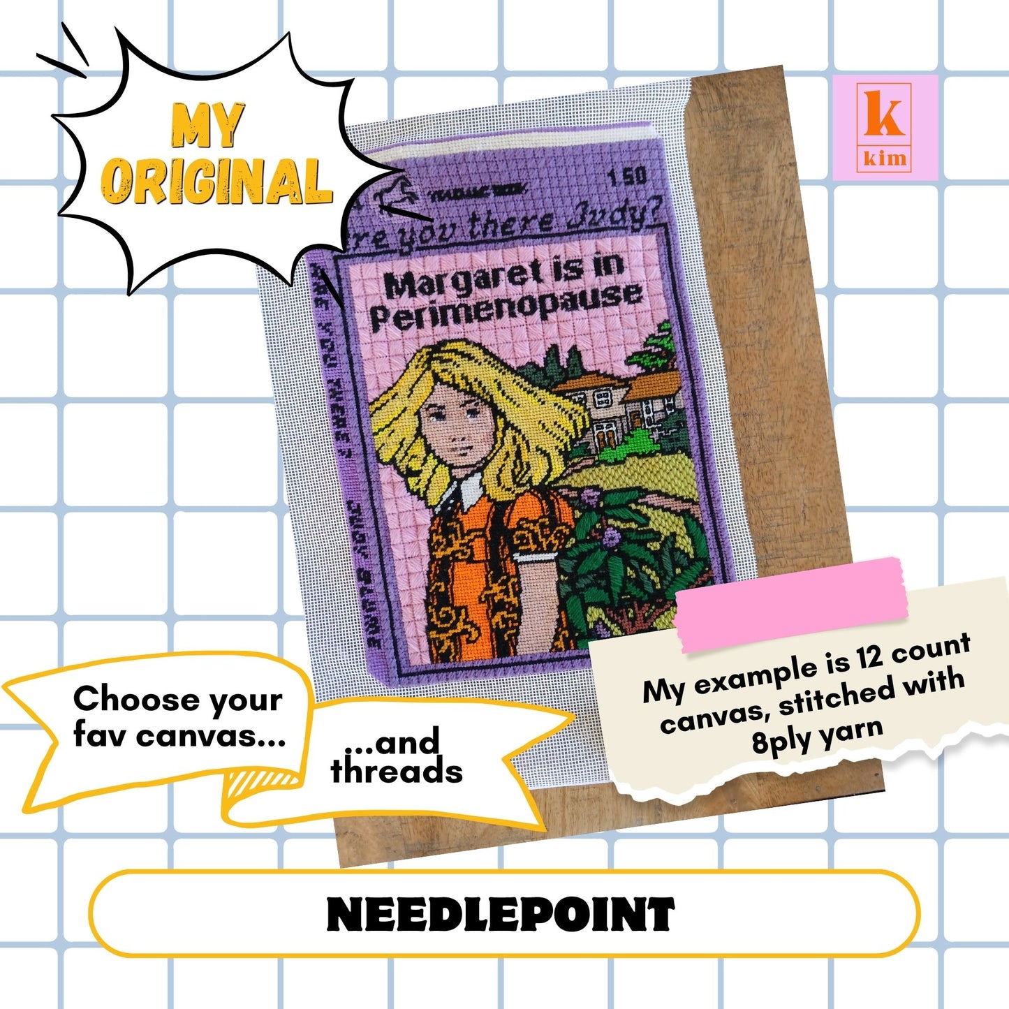 Margaret is in perimenopause needlepoint and cross stitch digital pdf pattern.