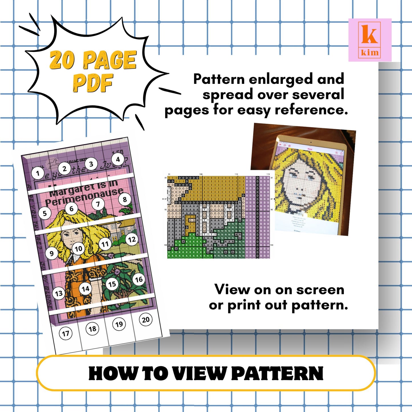 Margaret is in perimenopause needlepoint and cross stitch digital pdf pattern.
