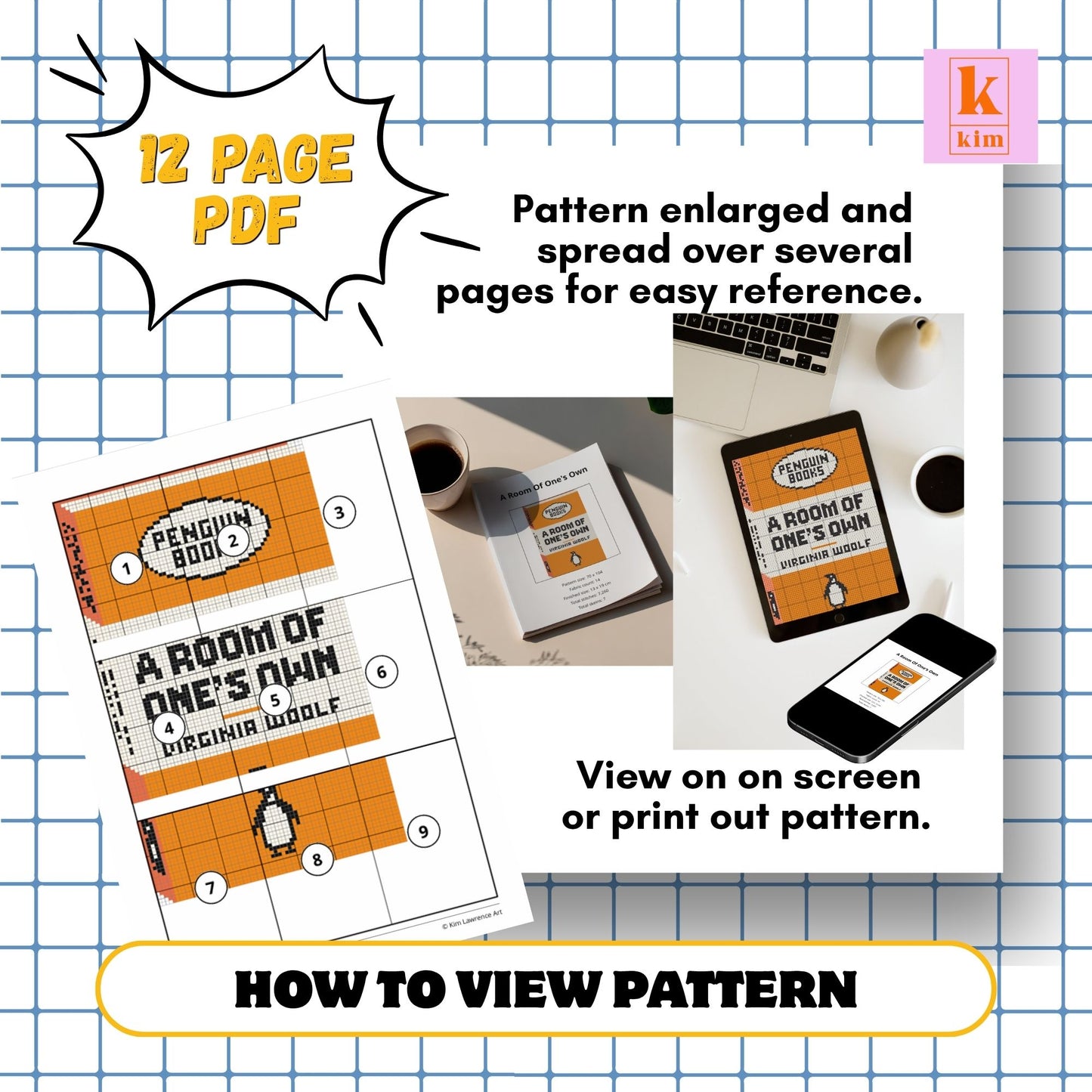 Penguin book cover A Room of One's Own, needlepoint and cross stitch digital pdf pattern.