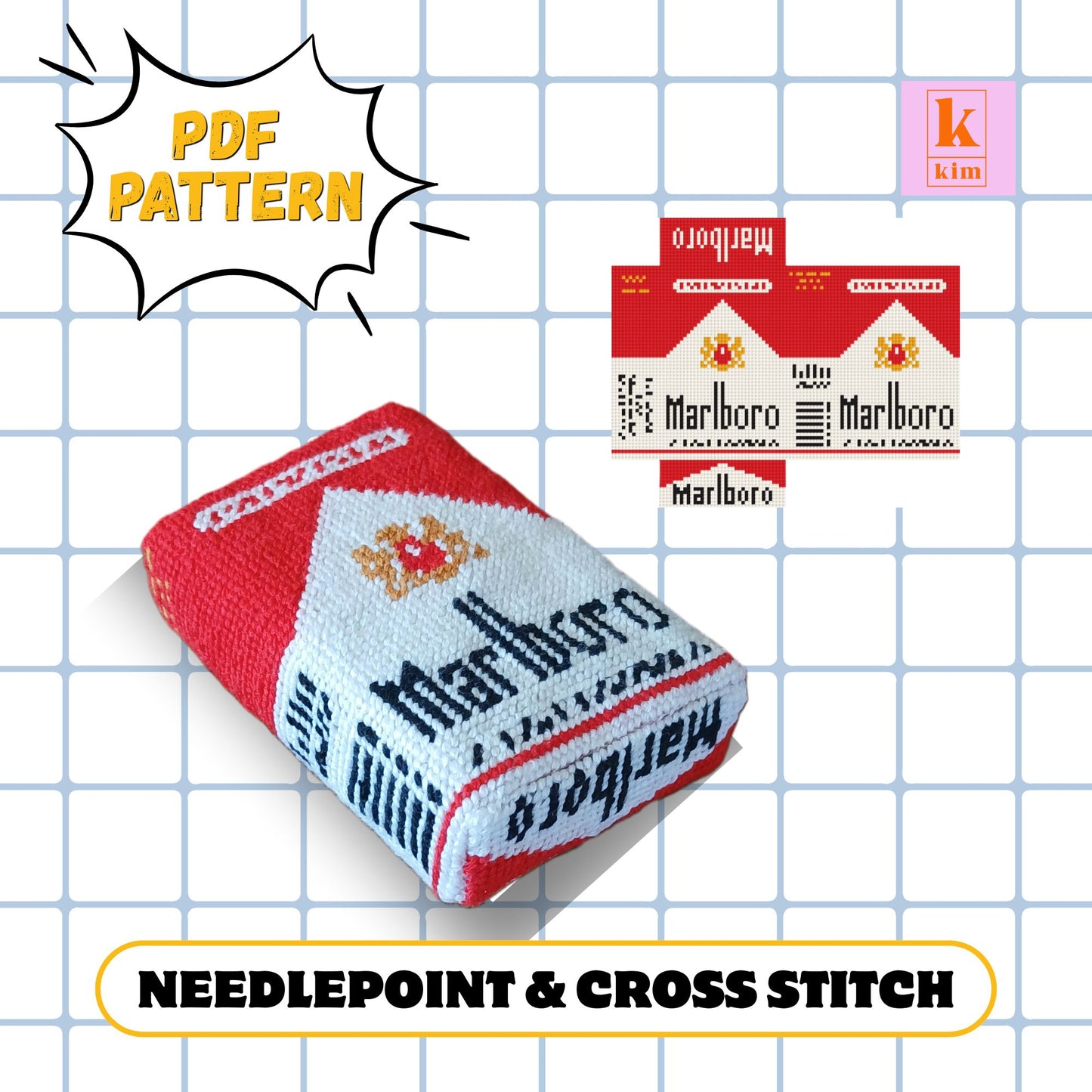 Marlboro cigarettes packet. 3D needlepoint and cross stitch digital pdf pattern. Perfect for a bag charm.