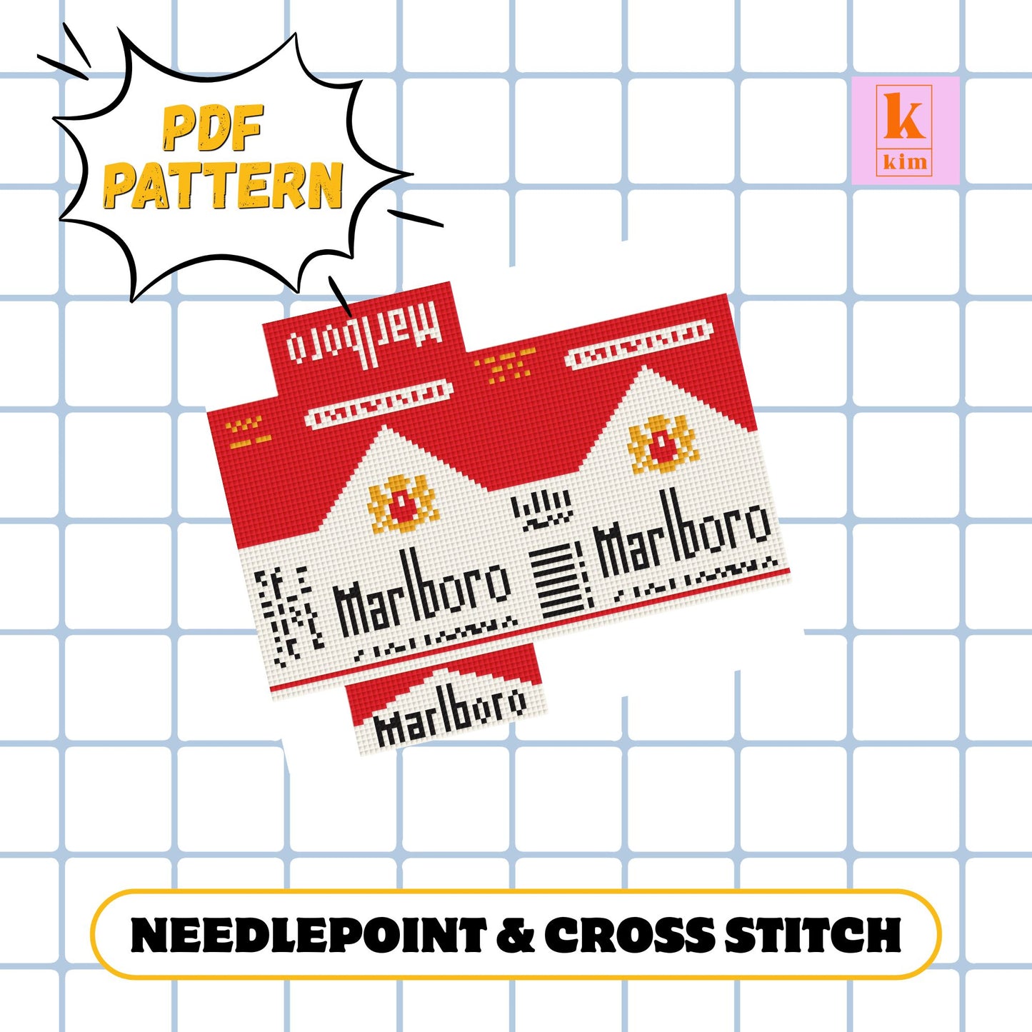 Marlboro cigarettes packet. 3D needlepoint and cross stitch digital pdf pattern. Perfect for a bag charm.