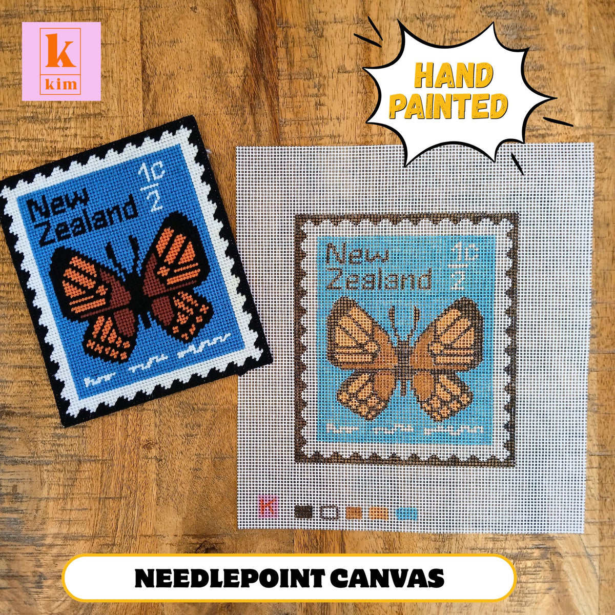 Butterfly hand painted Zweigart interlock needlepoint canvas.