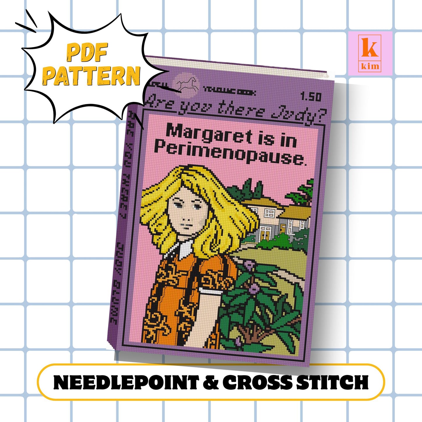 Margaret is in perimenopause needlepoint and cross stitch digital pdf pattern.