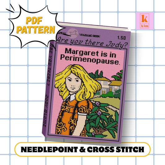 Margaret is in perimenopause needlepoint and cross stitch digital pdf pattern.