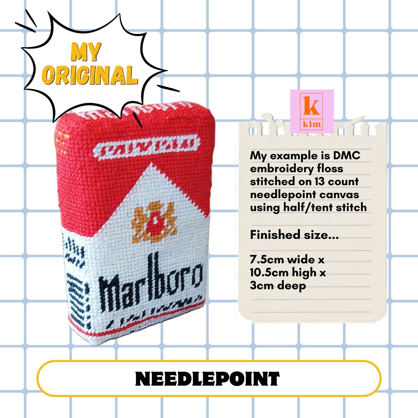 Marlboro cigarettes packet. 3D needlepoint and cross stitch digital pdf pattern. Perfect for a bag charm.