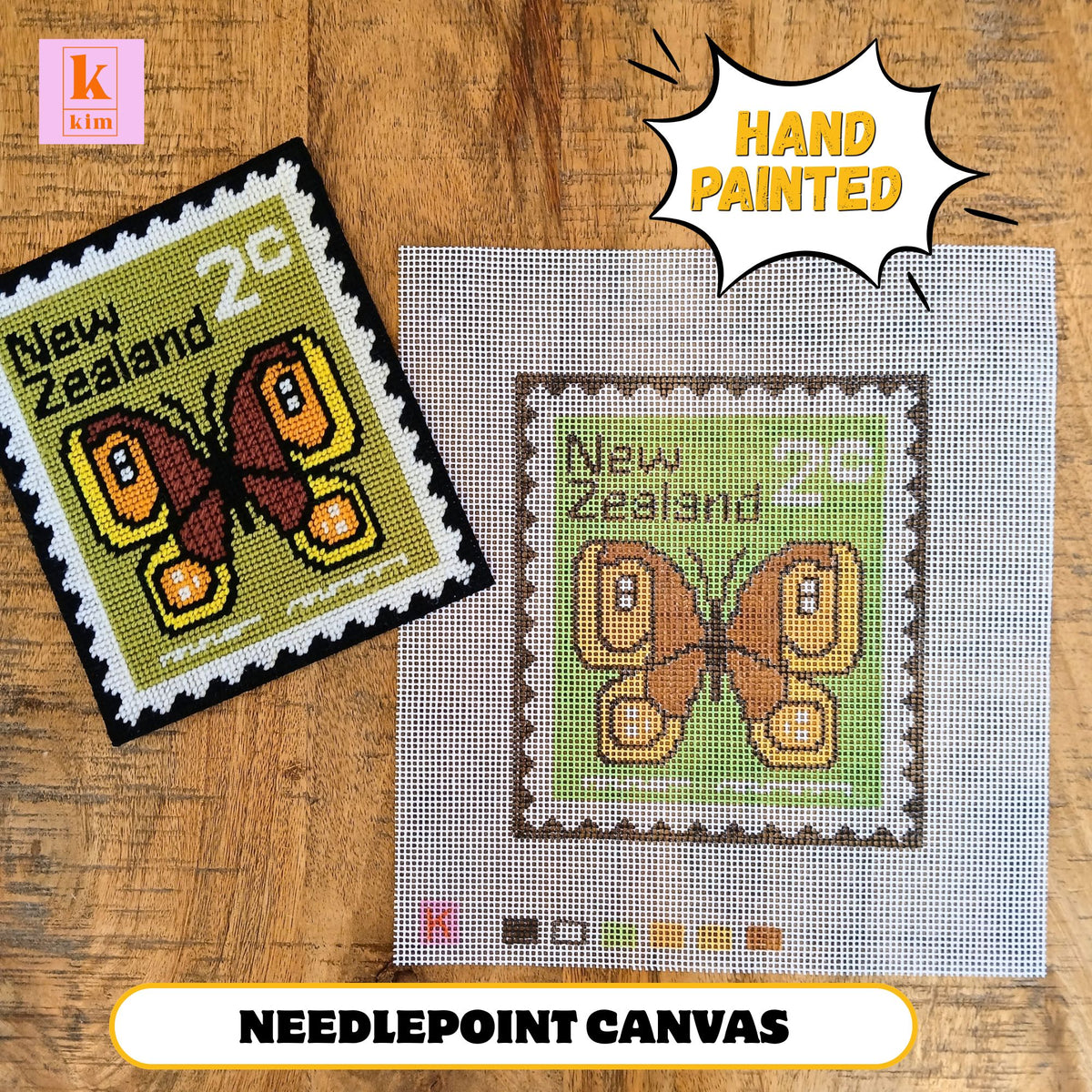Retro Butterfly hand painted Zweigart interlock needlepoint canvas.