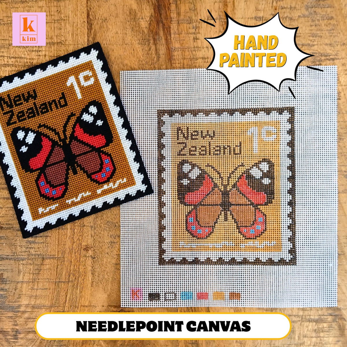 Red Butterfly hand painted Zweigart interlock needlepoint canvas.