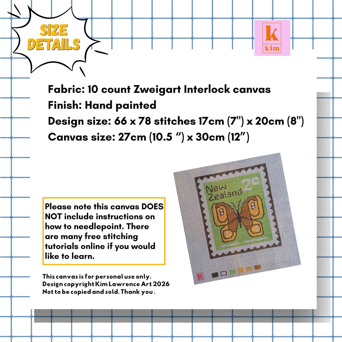 Retro Butterfly hand painted Zweigart interlock needlepoint canvas.