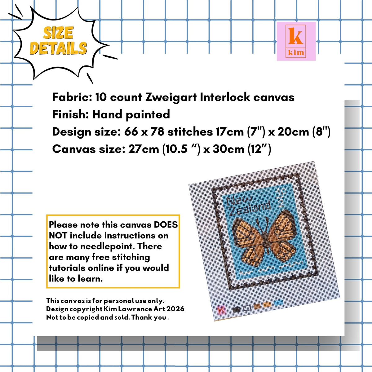 Butterfly hand painted Zweigart interlock needlepoint canvas.