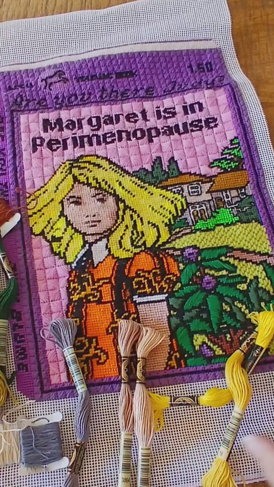 Margaret is in perimenopause needlepoint and cross stitch digital pdf pattern.